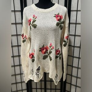 DAVI & DANI DISTRESSED, IVORY EMBROIDERED  WOMEN SWEATER SIZE M
